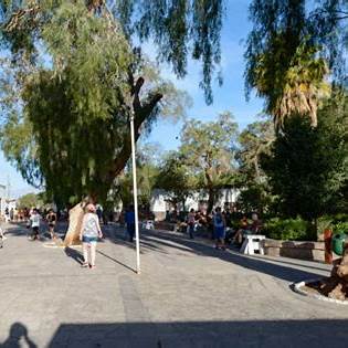 Ambiente diario en la plaza principal de San Pedro de Atacama con vegetación desértica, locales y cafeterías tradicionales